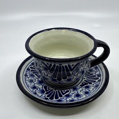 Talavera Tea Mug and Saucer Puebla Mexico Pottery Signed Floral Blue & White