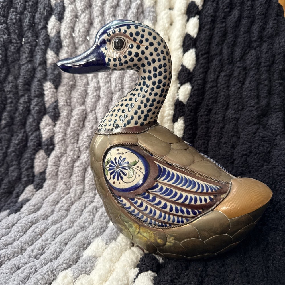Vintage 1960/70s Mexican Folk Art Tonala Brass And Ceramic Pottery Duck