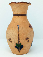 Tonala Mexico 8.25″ Vase sandstone Pottery hand painted enamel Quail & flowers
