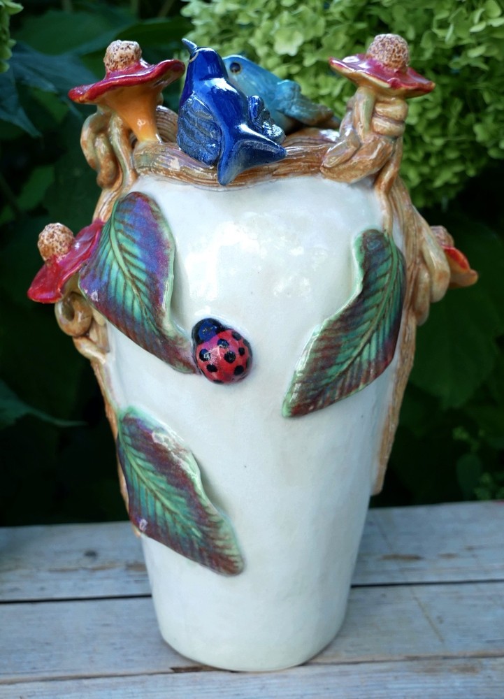 Tall Vase White Hummingbirds Flowers & Ladybug Handmade Tonala Mexico Folk Art