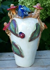 Tall Vase White Hummingbirds Flowers & Ladybug Handmade Tonala Mexico Folk Art
