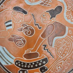 Vintage Aztec Terracotta Clay Hand Painted Plate Mexican Tribal Native Art