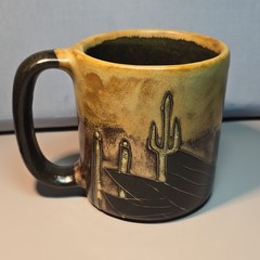 HANDCRAFTED MARA ART POTTERY MUG Southwest CACTUS MEXICO Musician Flute Music