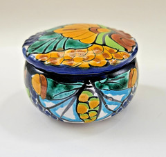 Talavera Mexican Pottery Hand Painted Round Trinket Box With Lid Terracotta 2.5″