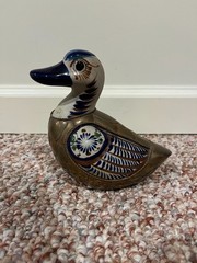 Vintage Handpainted Mexican Tonala Brass Copper Duck Figurine