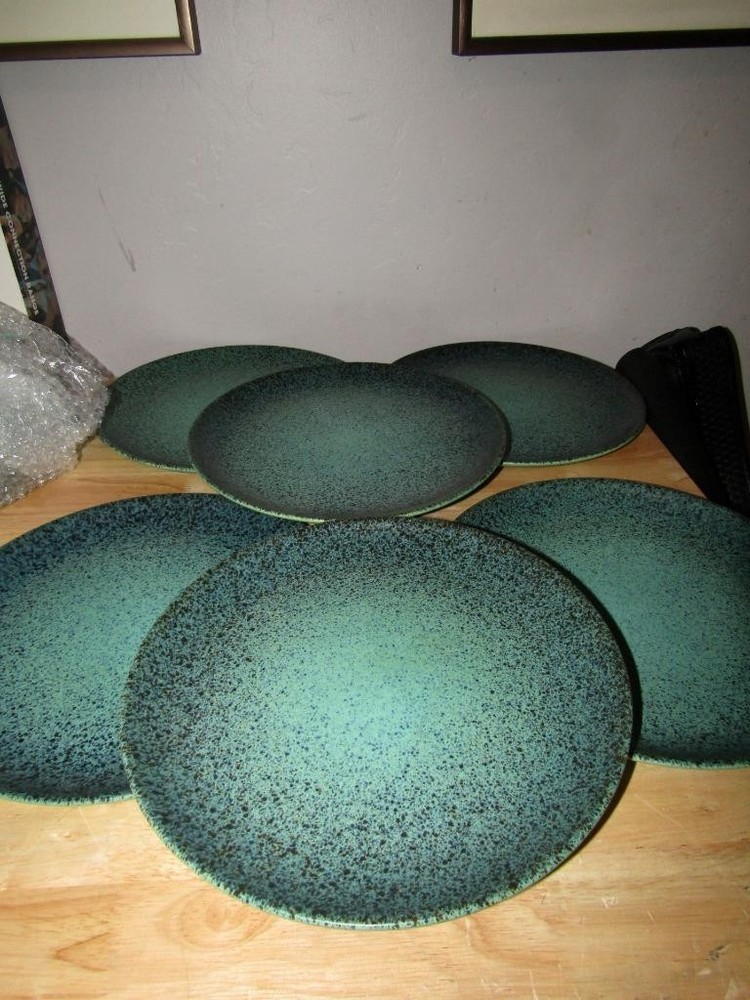 SET OF 6 GREEN FELIX TISSOT TAXCO 10″ DINNER PLATES CERAMIC MID CENTURY ART