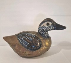 Vintage Brass And Ceramic Hand Painted Duck Sculpture