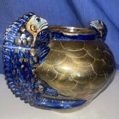 Sergio Bustamente Style Mexico Art Pottery Brass Scales Iguana Handle Vase