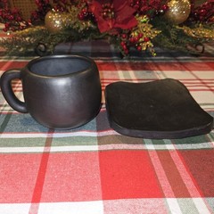 Mexican Black Clay Coffee Cup And Saucer Set Taza Con Plato Barro Negro