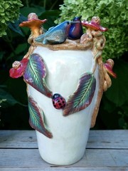 Tall Vase White Hummingbirds Flowers & Ladybug Handmade Tonala Mexico Folk Art