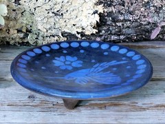 Blue Hummingbird Tripod Clay Plate Handmade Michoacán Mexico Folk Art Small Sz