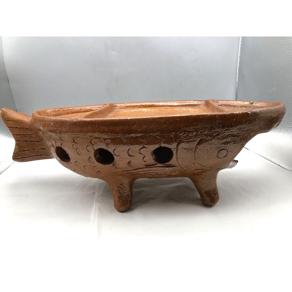 Vintage Terra Cotta Glaze Red Clay Fish Shape Tabletop Warmer w/Defect READ NOTE