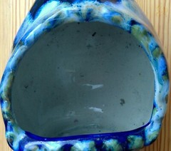 Mexican ceramic chiminea candle holder signed Reyna blue drip glaze tabletop 7½”