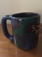 Mara Mexico Pottery Butterfly Coffee Mug Cup Signed Blue/Green Stoneware