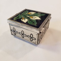 Blue White Calla Lilies Mexican Talavera Trinket Box Mirror 2.5”