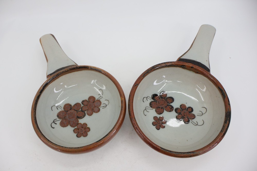 El Palomar Tonala Mexico Pottery Soup Bowl Set of 2 Single Handle Floral Brown
