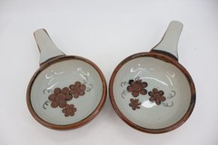 El Palomar Tonala Mexico Pottery Soup Bowl Set of 2 Single Handle Floral Brown