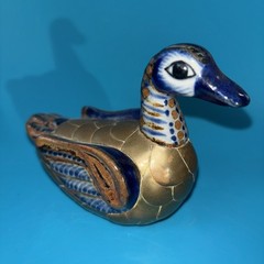 Vintage Mexican Tonala Pottery Folk Art Armored Brass Duck Bird Figurine 4.5”