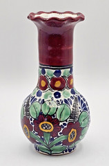 Talavera Small La Corona Pottery Vase Flowers Plum Green Blue Signed 5.5″ Tall