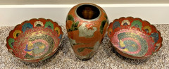 3 Brass Cloisonne Decorative Arts. Made In India. 2 Trinket/Jewelry Bowls & Vase