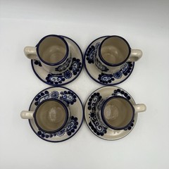 Set Of 4 Talavera Mexican Studio Folk Art Pottery Mugs Saucer Cobalt Blue Floral
