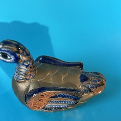 Vintage Mexican Tonala Pottery Folk Art Armored Brass Duck Bird Figurine 4.5”