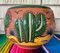 Lg Mexican Ceramic Flower Cactus Pot Planter Folk Art Pottery Handmade Talavera