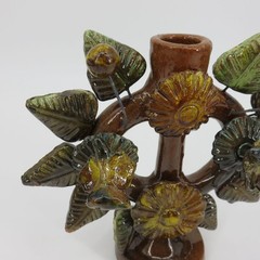 Tree Of Life Pottery Single Candleholder Candelabra Mexican Folk Art Flower Leaf