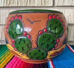 Lg Mexican Ceramic Flower Cactus Pot Planter Folk Art Pottery Handmade Talavera