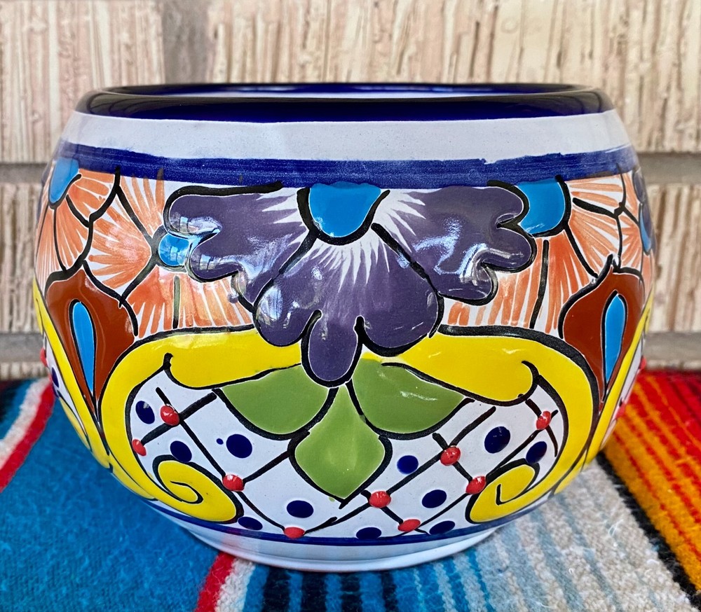 Mexican Ceramic Flower Pot Planter Folk Art Pottery Handmade Talavera #7