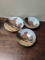 Vintage Table top Navajo hand painted 1 plate 2 bowls mountains hills sun