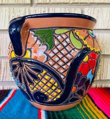 Lg MEXICAN TALAVERA Folk Art POTTERY FLOWER POT PLANTER CERAMIC #15