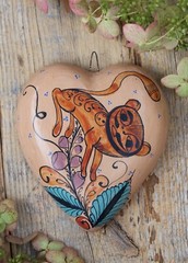 Hand Painted Clay Heart Shapeshifter Nagual Medrano Mexico Folk Art Love Token