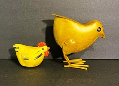 Vintage Handmade Painted Hen Pottery & Tin Chick Sculpture Yellow Chicken Lot