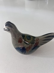 Vintage Mexican Tonala Bird Floral Blue Great Brown Ceramic 5.25”