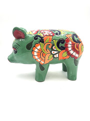 Mexican Folk Art Talavera Pig Pottery Figure Hand Painted Green Multi Color 13×9