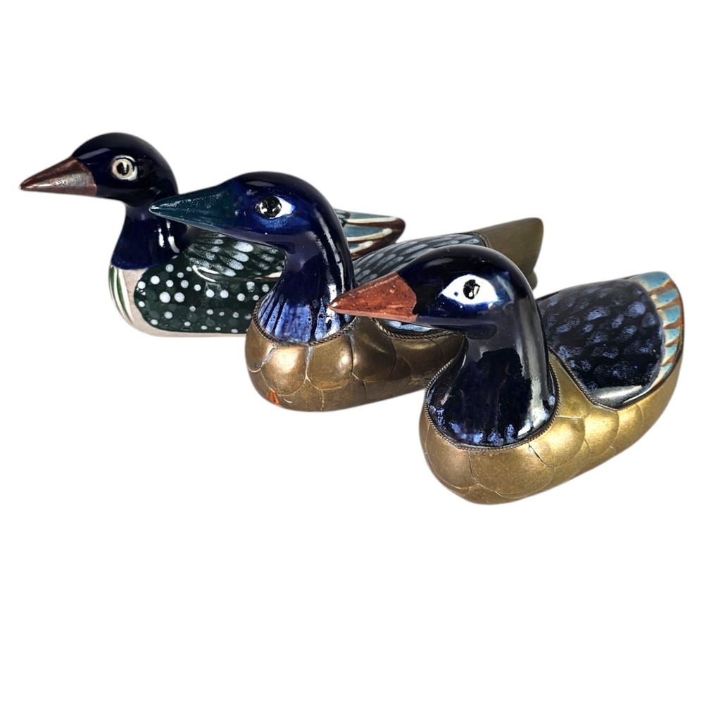VTG Tonala Brass Duck Figurines Talavera Mexican Folk Art Set of (3) 8″