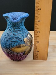 Vtg Black Clay Sand Terracotta Pottery Vase Copper/Brass Flower Trio Of Pitchers