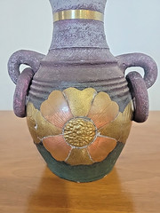 Vintage Mexican Terracotta Pottery Collectible Vase w/Brass Flower Purple – 8″
