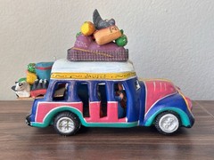 Vintage Mexican Folk Art Clay Sculpture Of Overloaded Car Marked “Pro Vallarta”