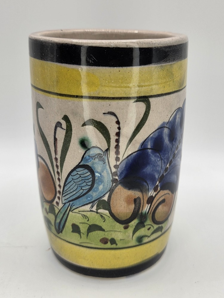 Vtg Mexican Bird And Floral Stoneware Cup from Tonala Mexico Signed