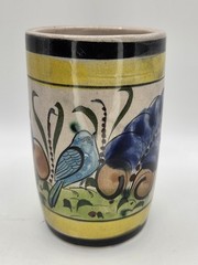 Vtg Mexican Bird And Floral Stoneware Cup from Tonala Mexico Signed