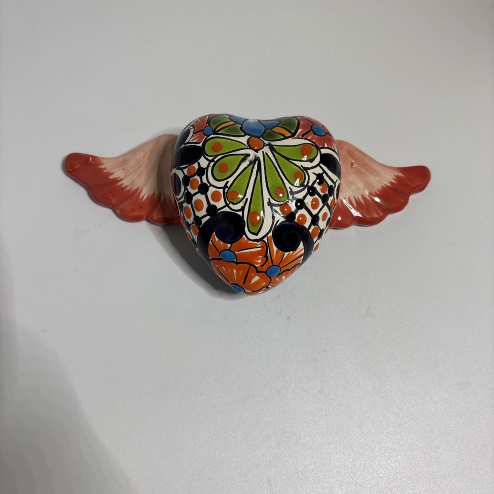 Mexican Talavera Flying Heart Wings Pottery 9” Wide Wall Decor Folk Art