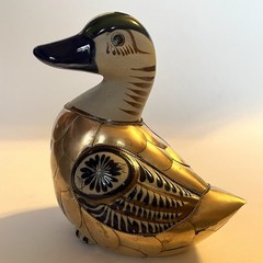 Vtg Tonala Mexico Pottery Duck Figurine Armored Brass Scales Hand Painted 5.5″ H